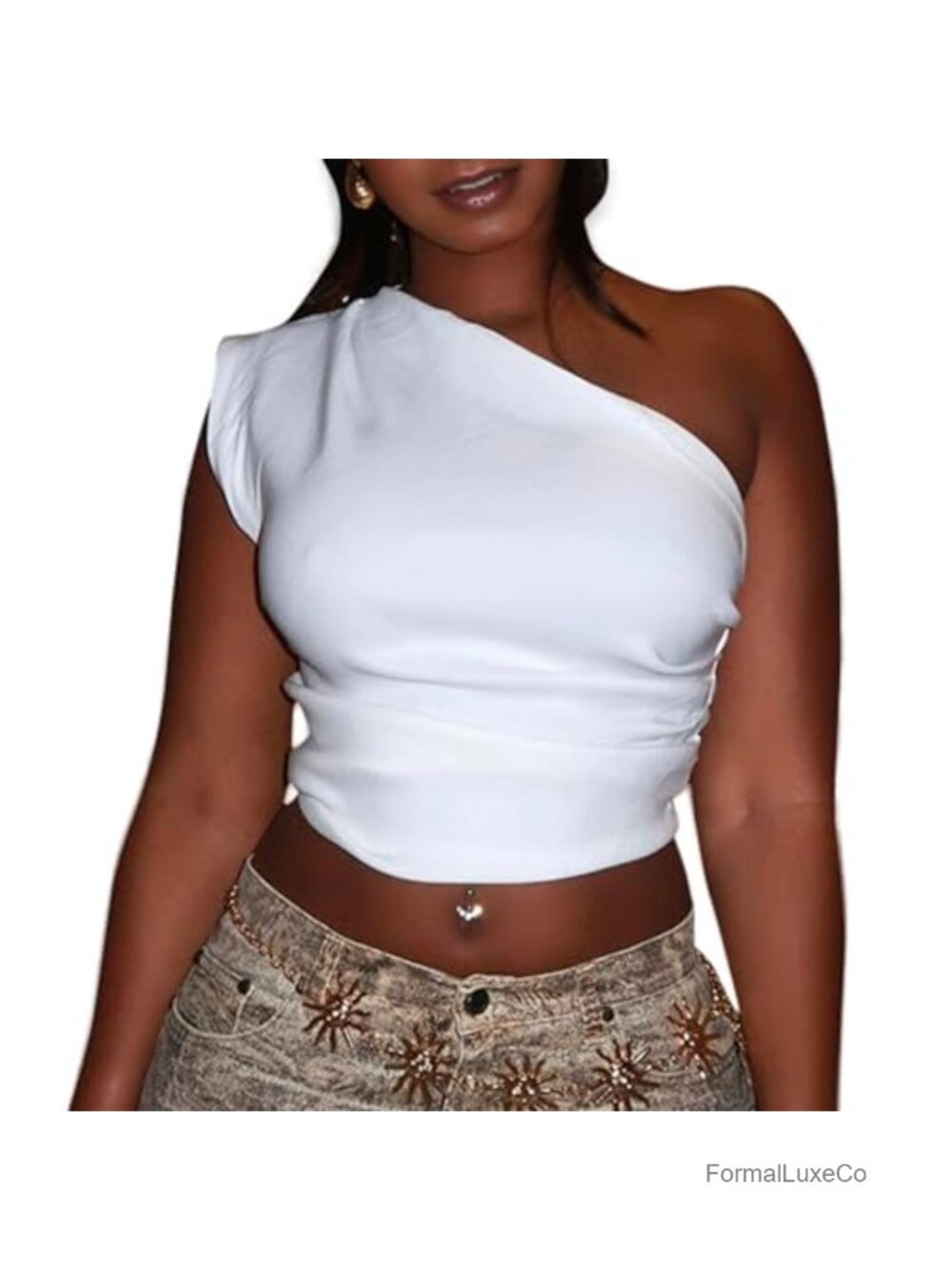 Women's One Shoulder Ruched Crop Top Sleeveless Asymmetric Work Out Tee